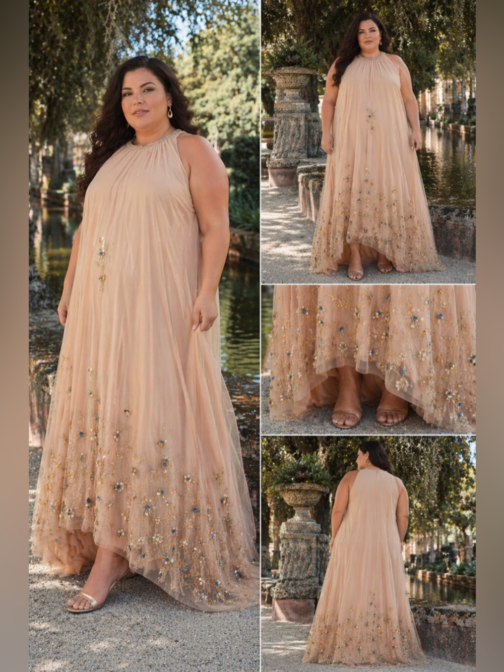 Mac Duggal Beige High Neck Floral Crystal Embellished Trapeze Gown - Size 18